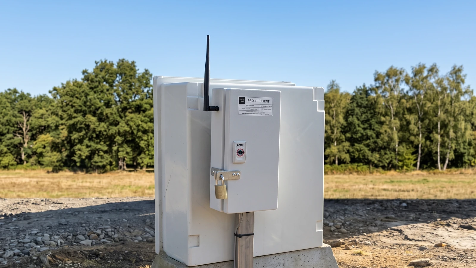 Coffret extérieur d'un point de mesure LoRaWAN posé sur socle béton en bordure de site, son antenne dressée devant une lisière boisée