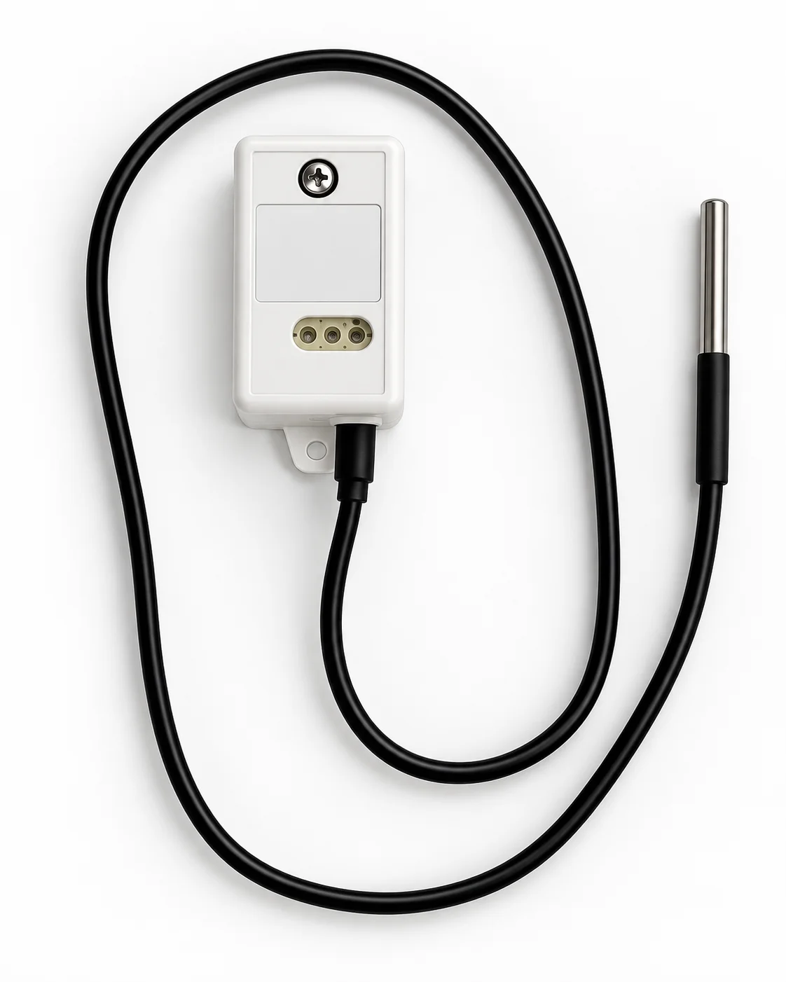 Sonde de température LoRaWAN sur fond blanc : boîtier blanc avec son câble noir et sa sonde déportée en inox