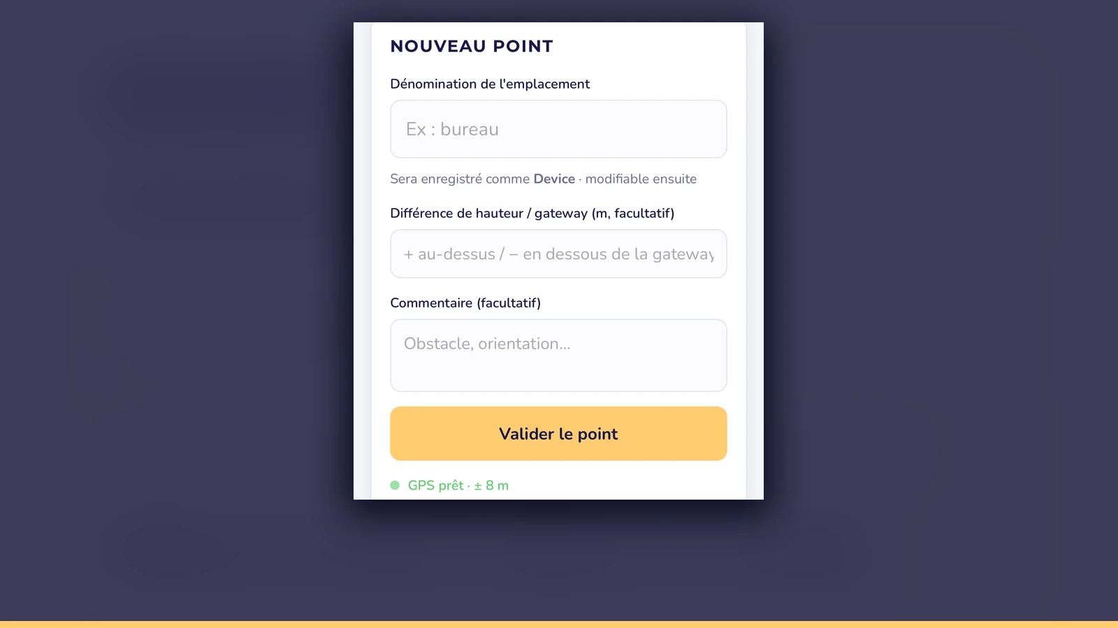 Écran de saisie d'un point de mesure dans l'application web utilisée pendant une étude de couverture